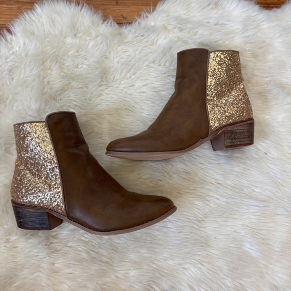 Brown and Glitter Gold Faux Leather Ankle Boots - Picture 1 of 7